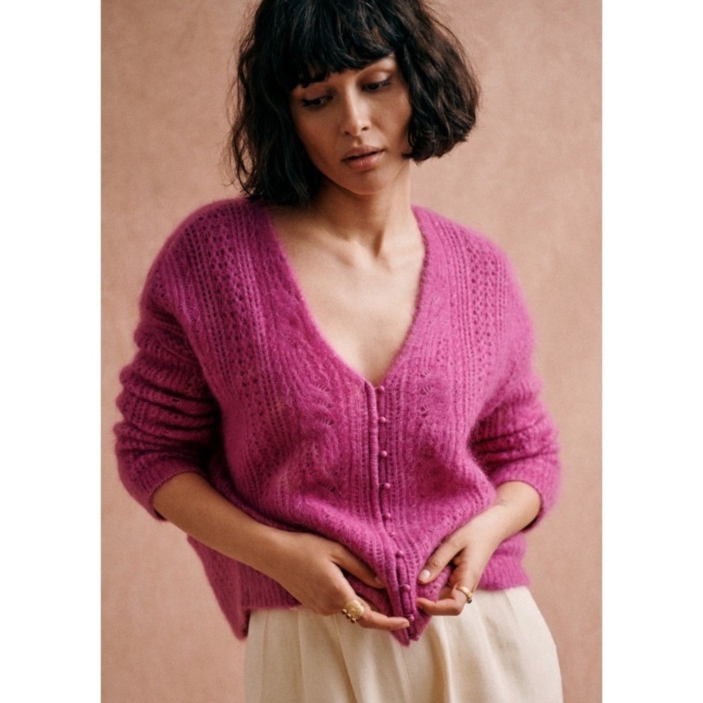 Sezane Susanna Cardigan Wisteria Purple Pointelle Knit Reversible Sweater Small